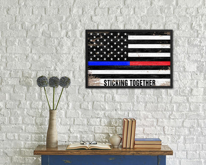 Thin Blue Line Police & Thin Red Line Firefighter Respect, Sticking Together Shabby Chic Military FlagArt