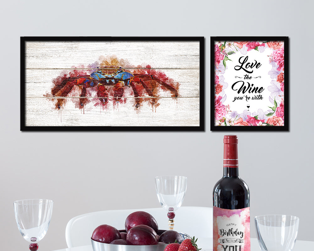 Crab Fish Art Wood Framed White Wash Restaurant Sushi Wall Decor Gifts, 10" x 20"