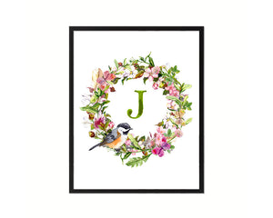 Letter J Floral Wreath Monogram Framed Print Wall Art Decor Gifts