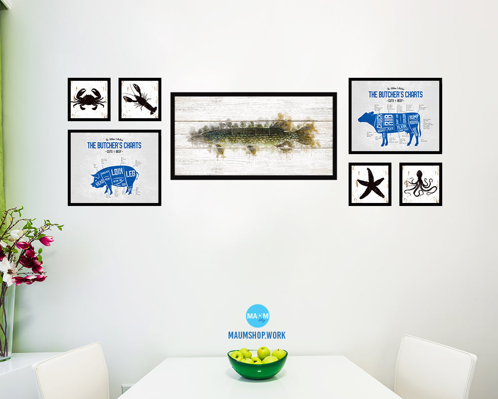 Pike Fish Art Wood Framed White Wash Restaurant Sushi Wall Decor Gifts, 10" x 20"