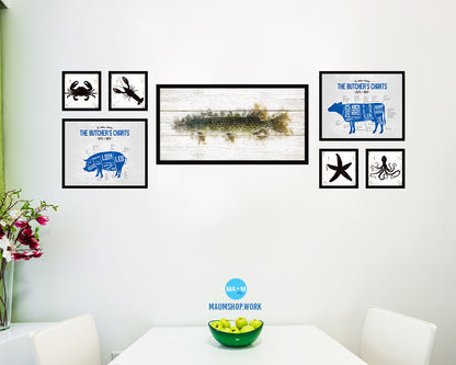 Pike Fish Art Wood Framed White Wash Restaurant Sushi Wall Decor Gifts, 10" x 20"