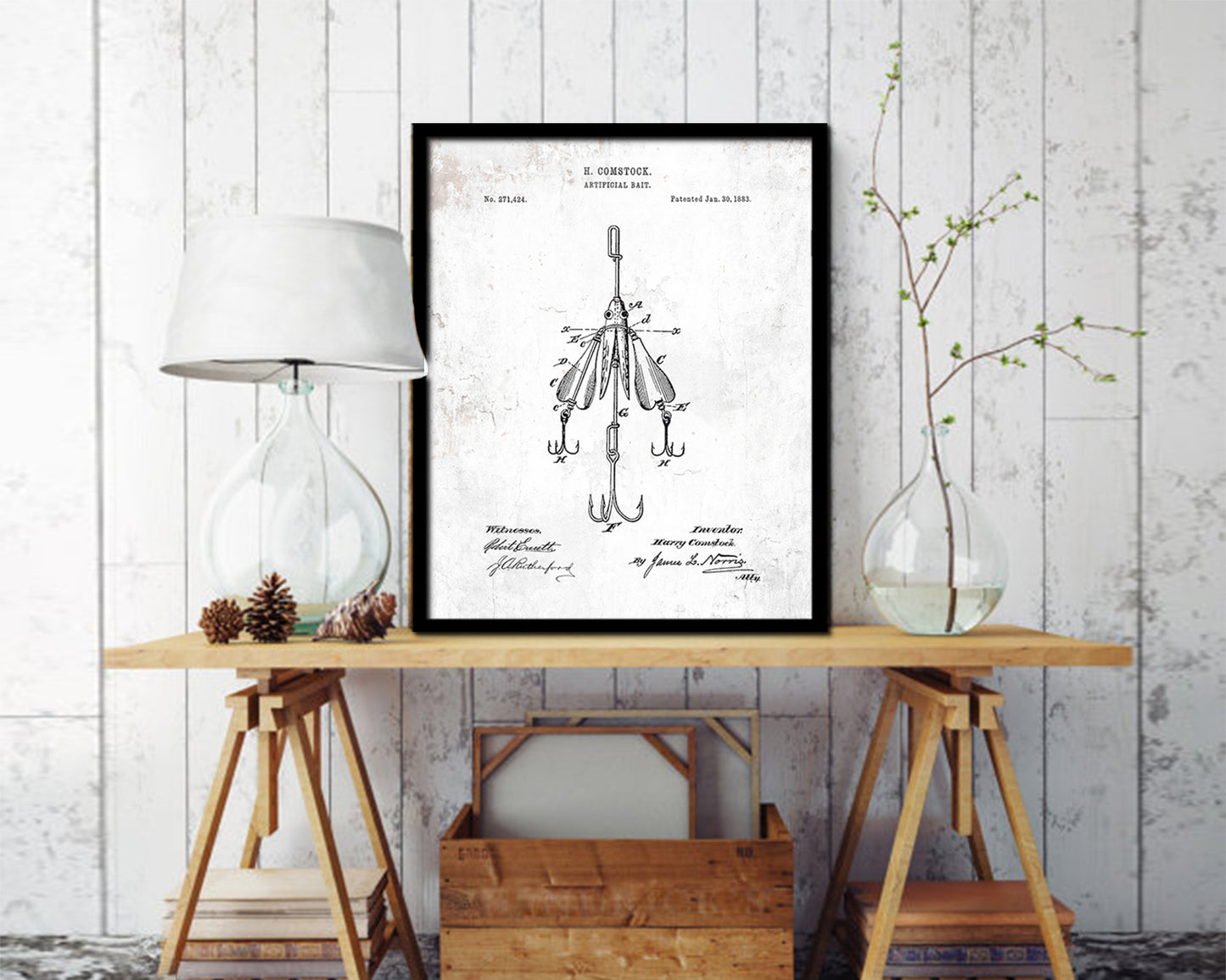 Artificial Bait Fishing Vintage Patent Artwork Black Frame Print Wall Art Decor Gifts