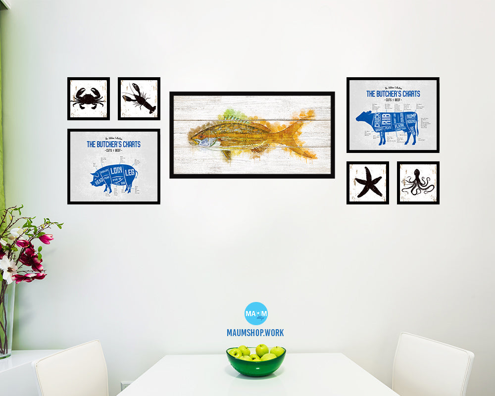 Yellowtail Snapper Fish Art Wood Framed White Wash Restaurant Sushi Wall Decor Gifts, 10" x 20"