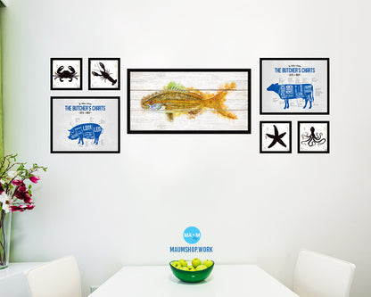 Yellowtail Snapper Fish Art Wood Framed White Wash Restaurant Sushi Wall Decor Gifts, 10" x 20"