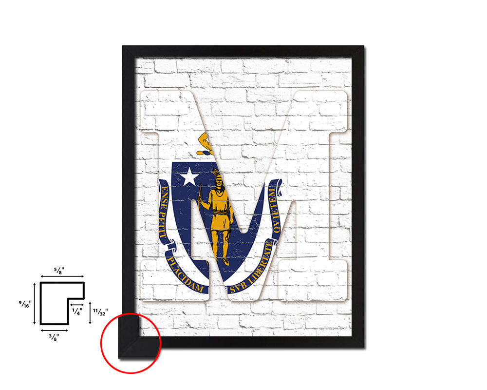 Massachusetts State Initial Flag Wood Framed Paper Print Decor Wall Art Gifts, Brick