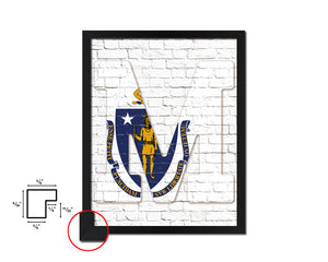 Massachusetts State Initial Flag Wood Framed Paper Print Decor Wall Art Gifts, Brick