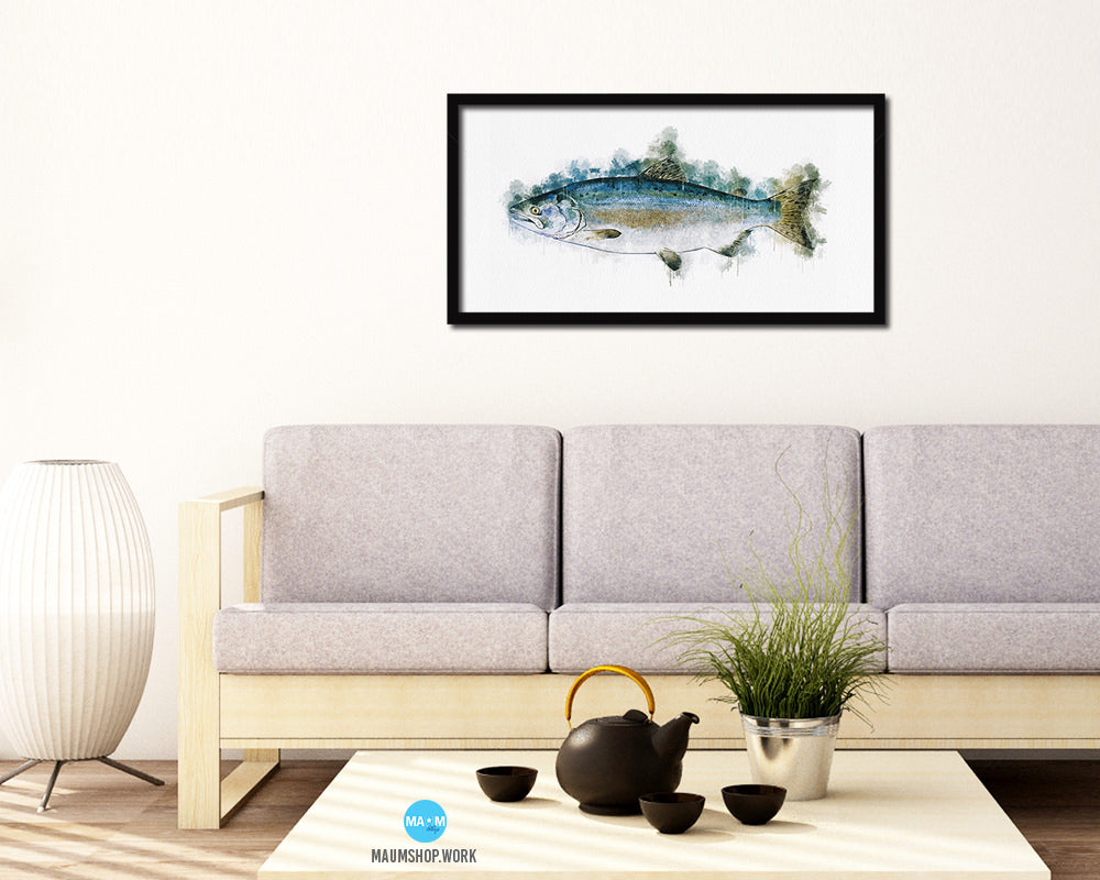 Pink Alaska Salmon Fish Art Wood Frame Modern Restaurant Sushi Wall Decor Gifts, 10" x 20"