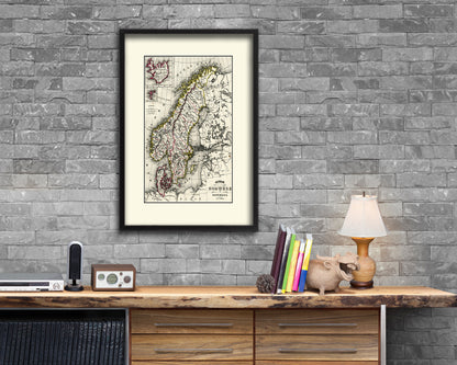 Sweden Norway Scandinavia Old Map Wood Framed Print Art Wall Decor Gifts