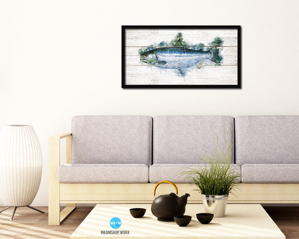 Salmon Fish Art Wood Framed White Wash Restaurant Sushi Wall Decor Gifts, 10" x 20"