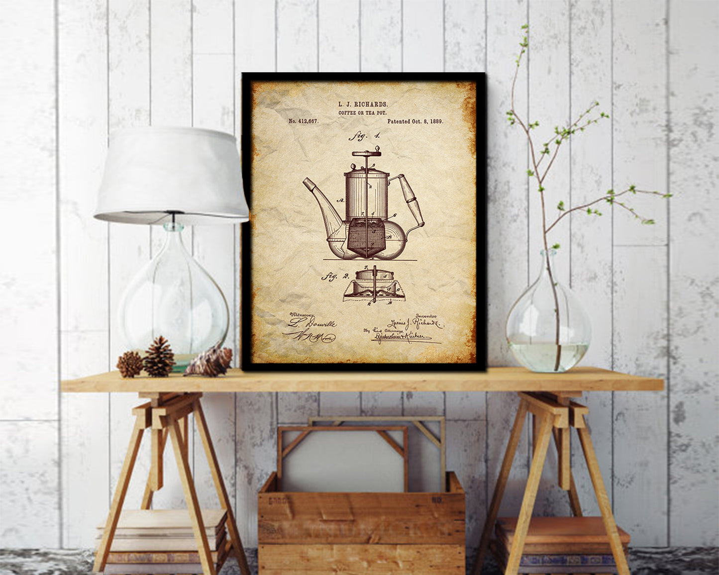Tea Pot Coffee Vintage Patent Artwork Walnut Frame Print Wall Art Decor Gifts