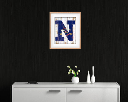 North Dakota State Initial Flag Wood Framed Paper Print Decor Wall Art Gifts, Beach