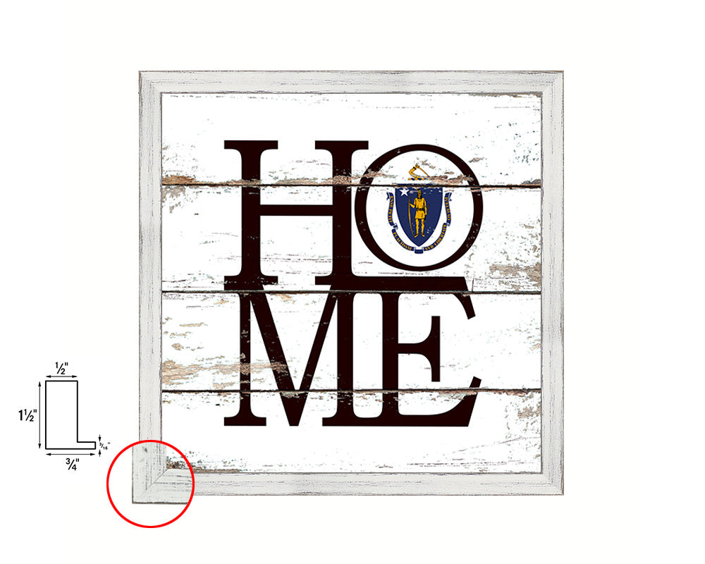 Massachusetts State Flag Shabby Chic Home Decor White Wash Wood Frame Wall Art Prints Gift