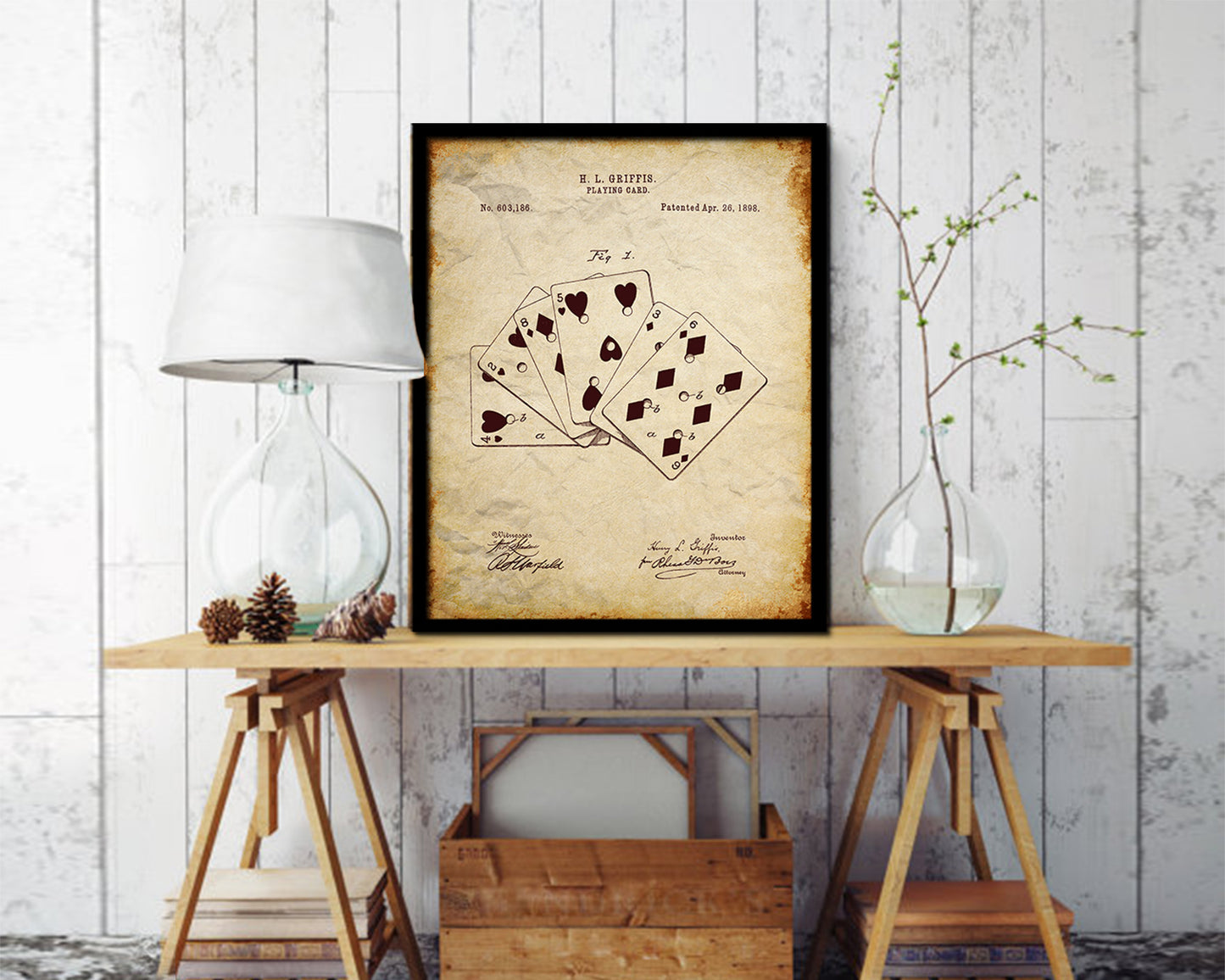 Poker Game Playing Card Vintage Patent Artwork Walnut Frame Gifts