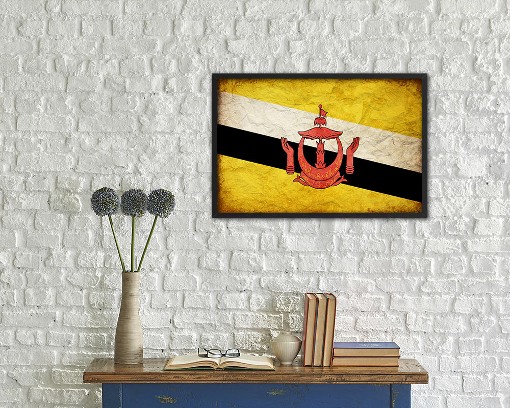 Brunei Country Vintage Flag Wood Framed Print Wall Art Decor Gifts