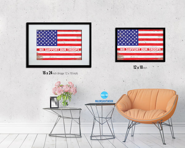 We support our troops Shabby Chic Military Flag Framed Print Decor Wall Art Gifts