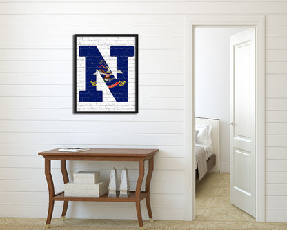 North Dakota State Initial Flag Wood Framed Paper Print Decor Wall Art Gifts, Brick
