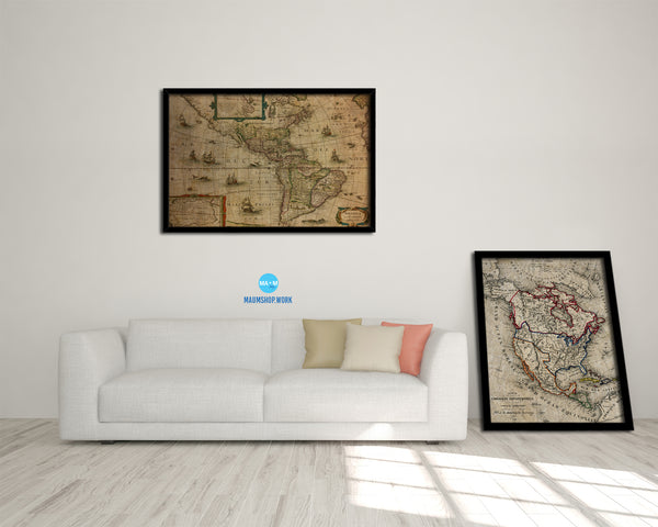 North and South America Cartographic Vintage Map Framed Print Art Wall Decor Gifts