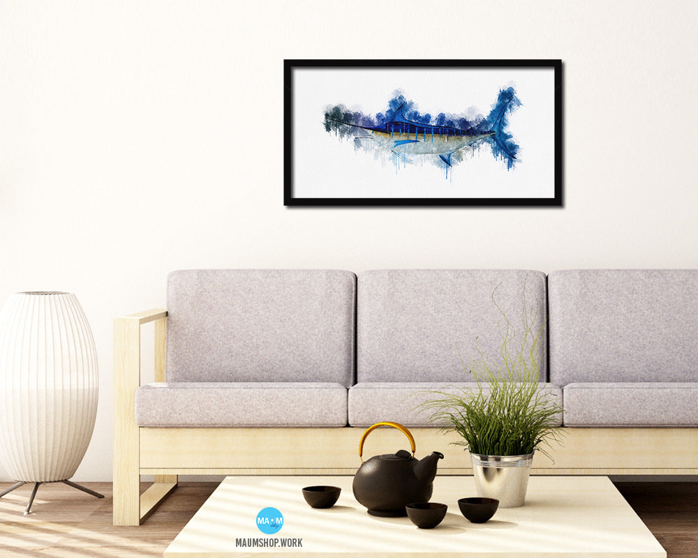 Blue Marlin Fish Art Wood Frame Modern Restaurant Sushi Wall Decor Gifts, 10" x 20"