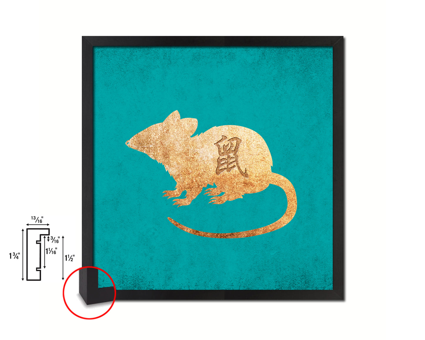 Rat Chinese Zodiac Character Wood Framed Print Wall Art Decor Gifts, Aqua