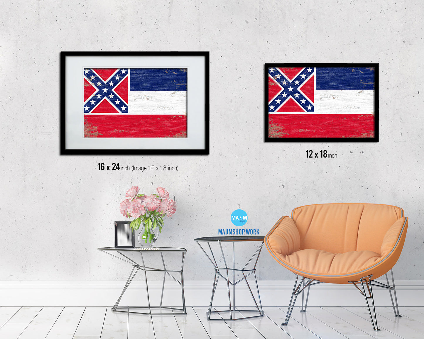 Mississippi State Shabby Chic Flag Wood Framed Paper Print  Wall Art Decor Gifts