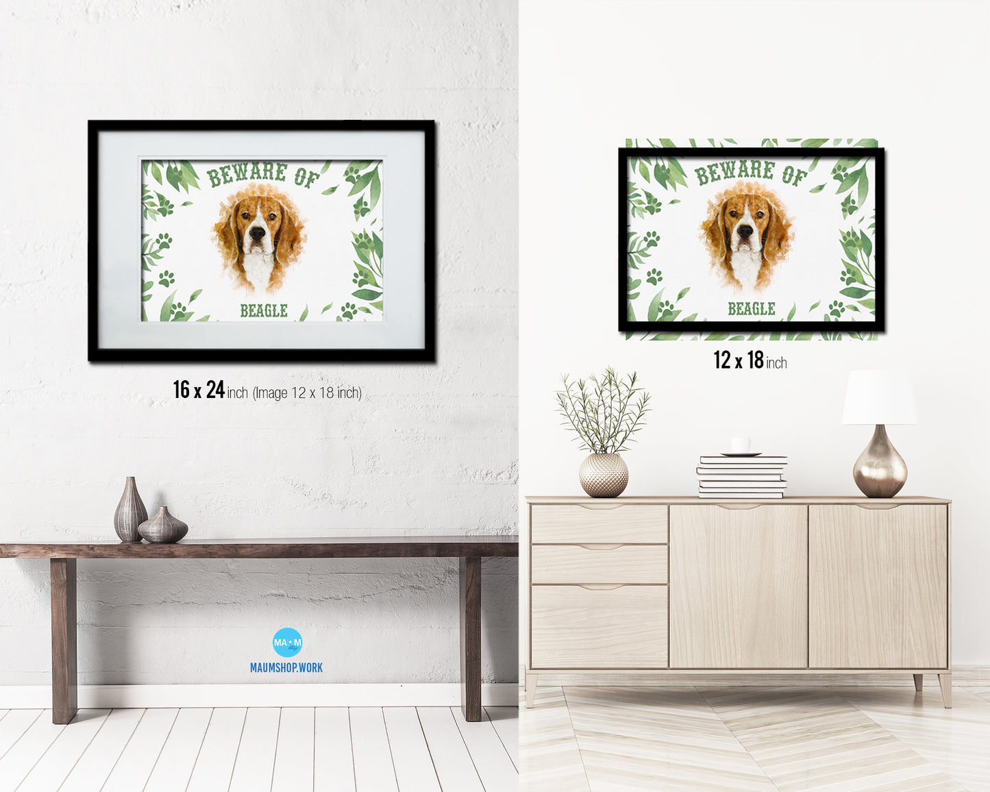 Beware of Beagle Sign Wood Framed Print Wall Art Decor Gifts