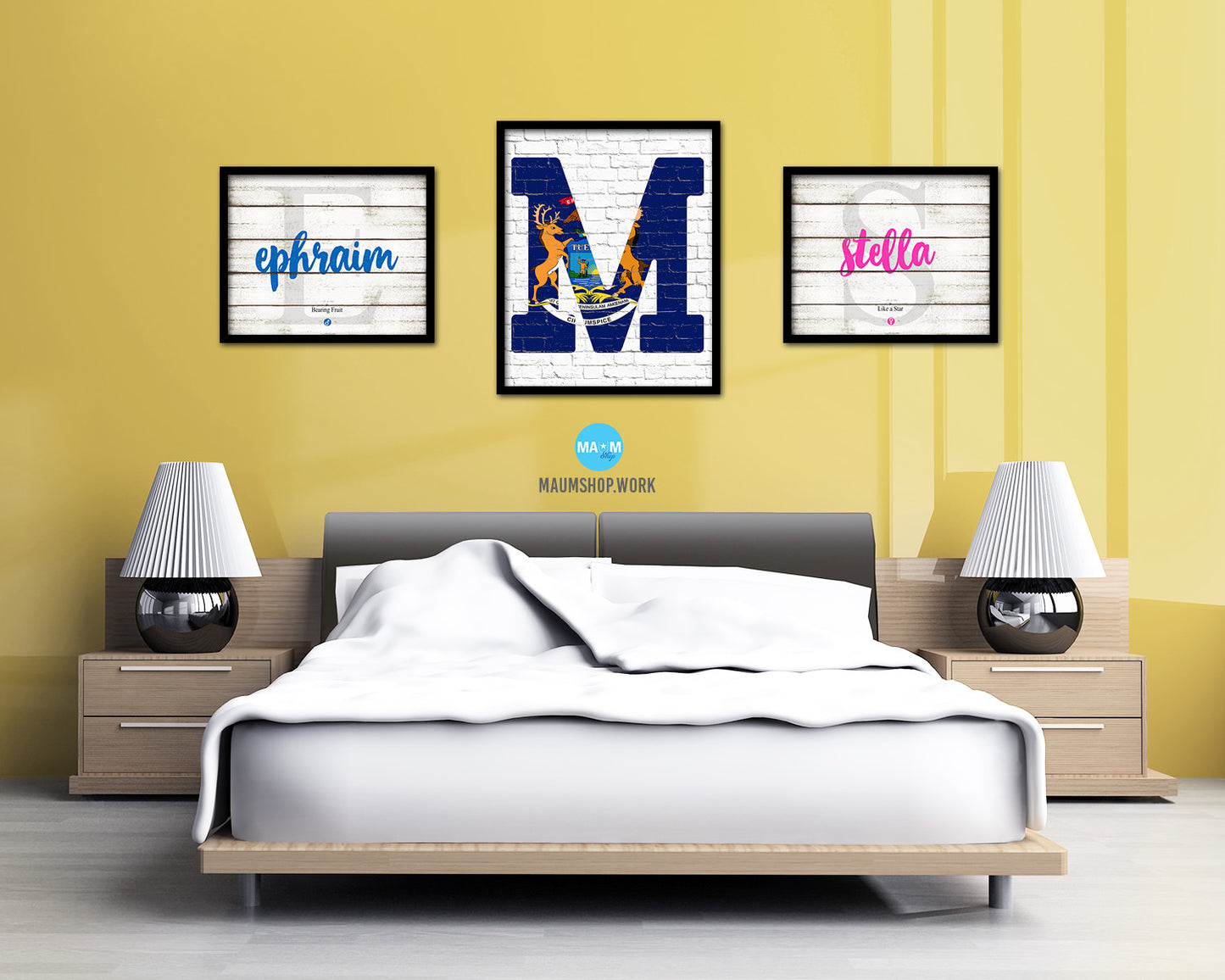 Michigan State Initial Flag Wood Framed Paper Print Decor Wall Art Gifts, Brick