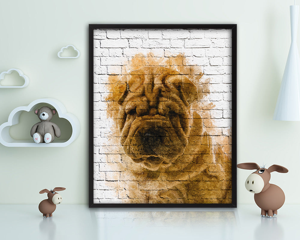 Sharpei Dog Puppy Portrait Framed Print Pet Watercolor Wall Decor Art Gifts