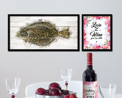 Flounder Fish Art Wood Framed White Wash Restaurant Sushi Wall Decor Gifts, 10" x 20"