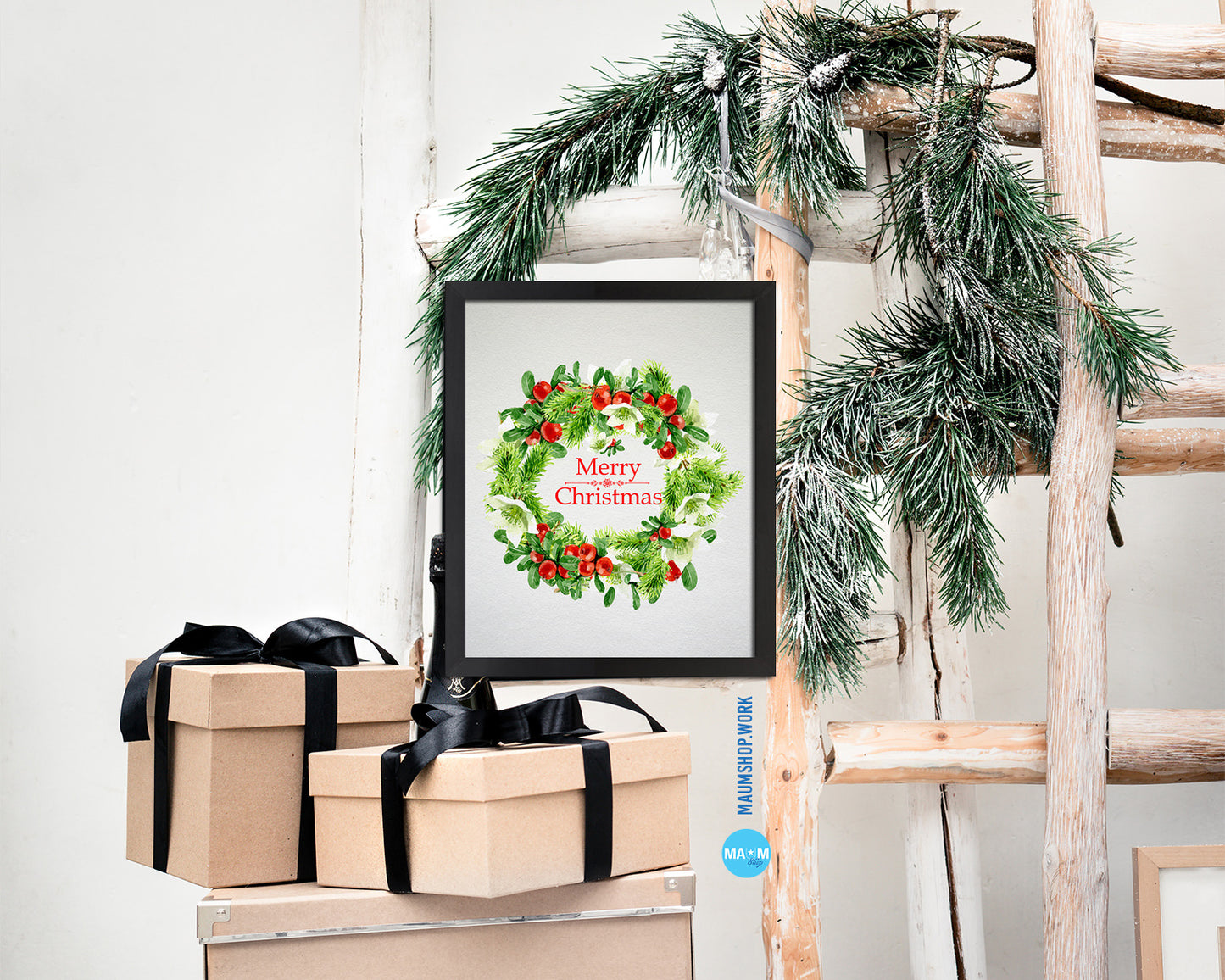 Christmas Wreath Holiday Season Gifts Wood Framed Print Home Decor Wall Art