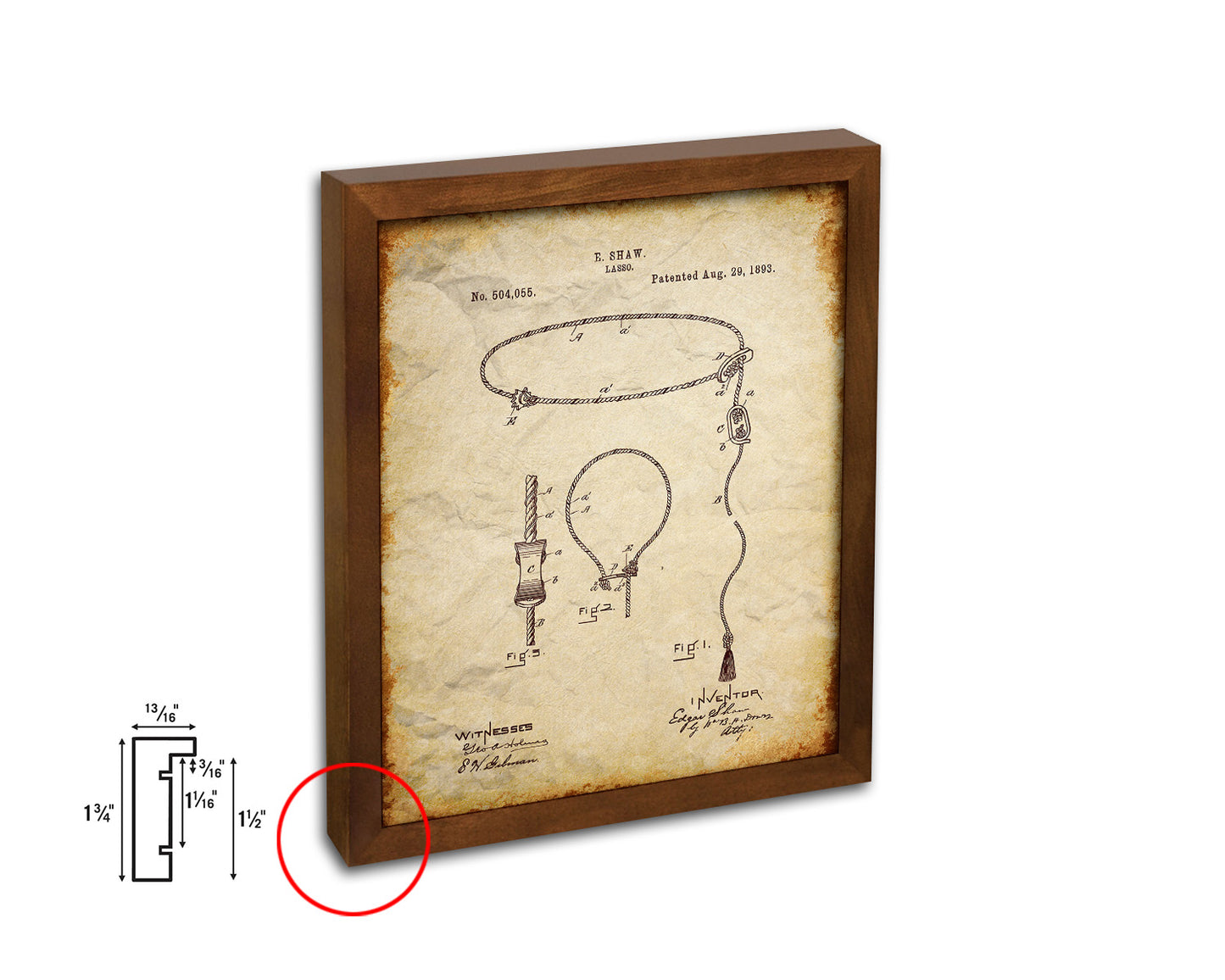 Lasso Cowboy Vintage Patent Artwork Walnut Frame Print Wall Art Decor Gifts