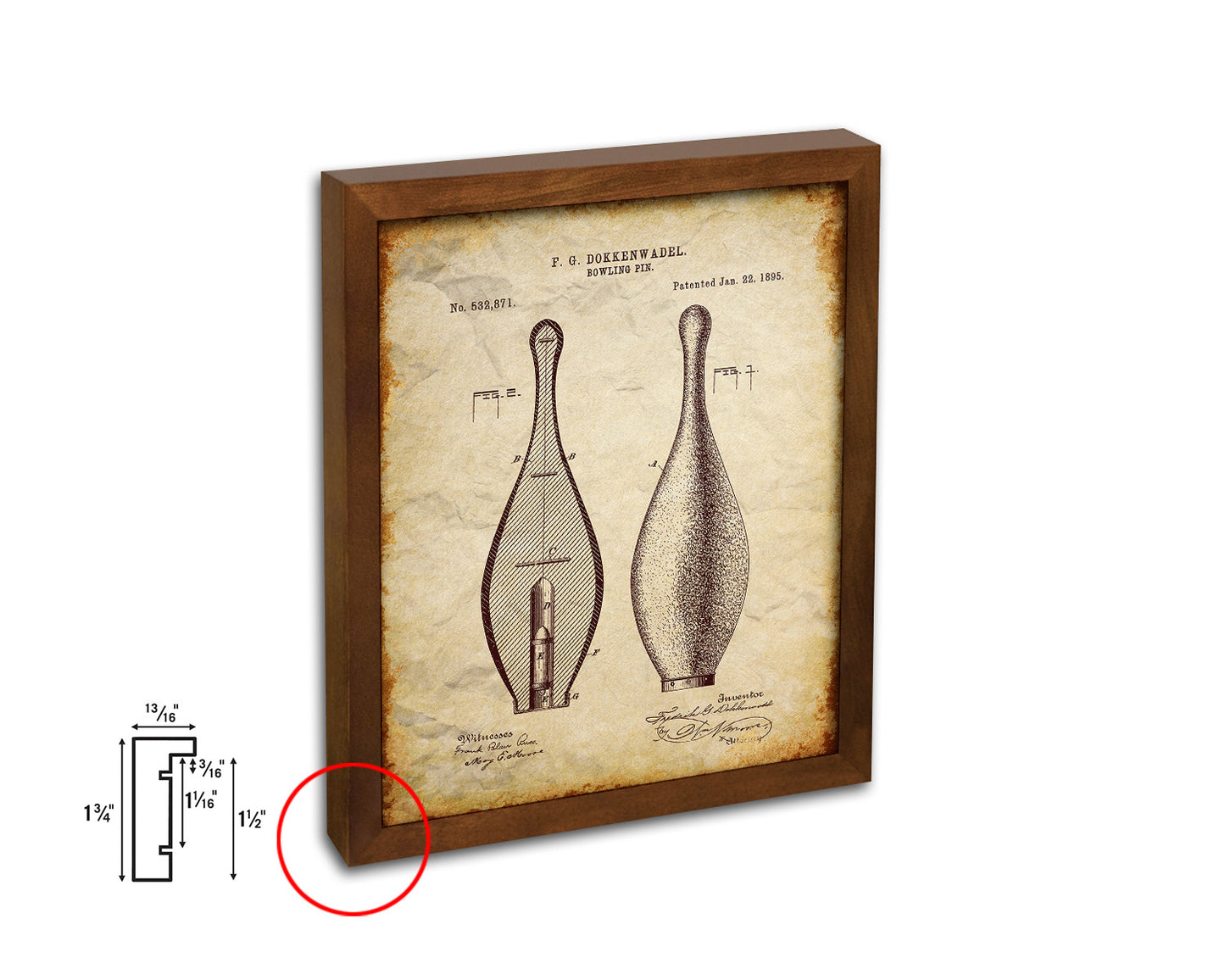 Bowling Pin Sports Vintage Patent Artwork Walnut Frame Gifts