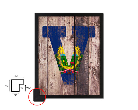 Vermont State Initial Flag Wood Framed Paper Print Decor Wall Art Gifts, Wood