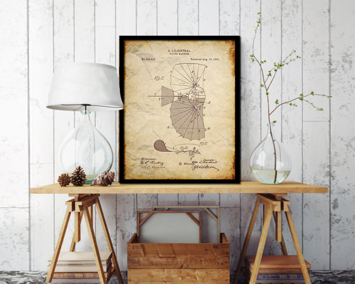 Flying Machine Airplane Vintage Patent Artwork Walnut Frame Print Wall Art Decor Gifts