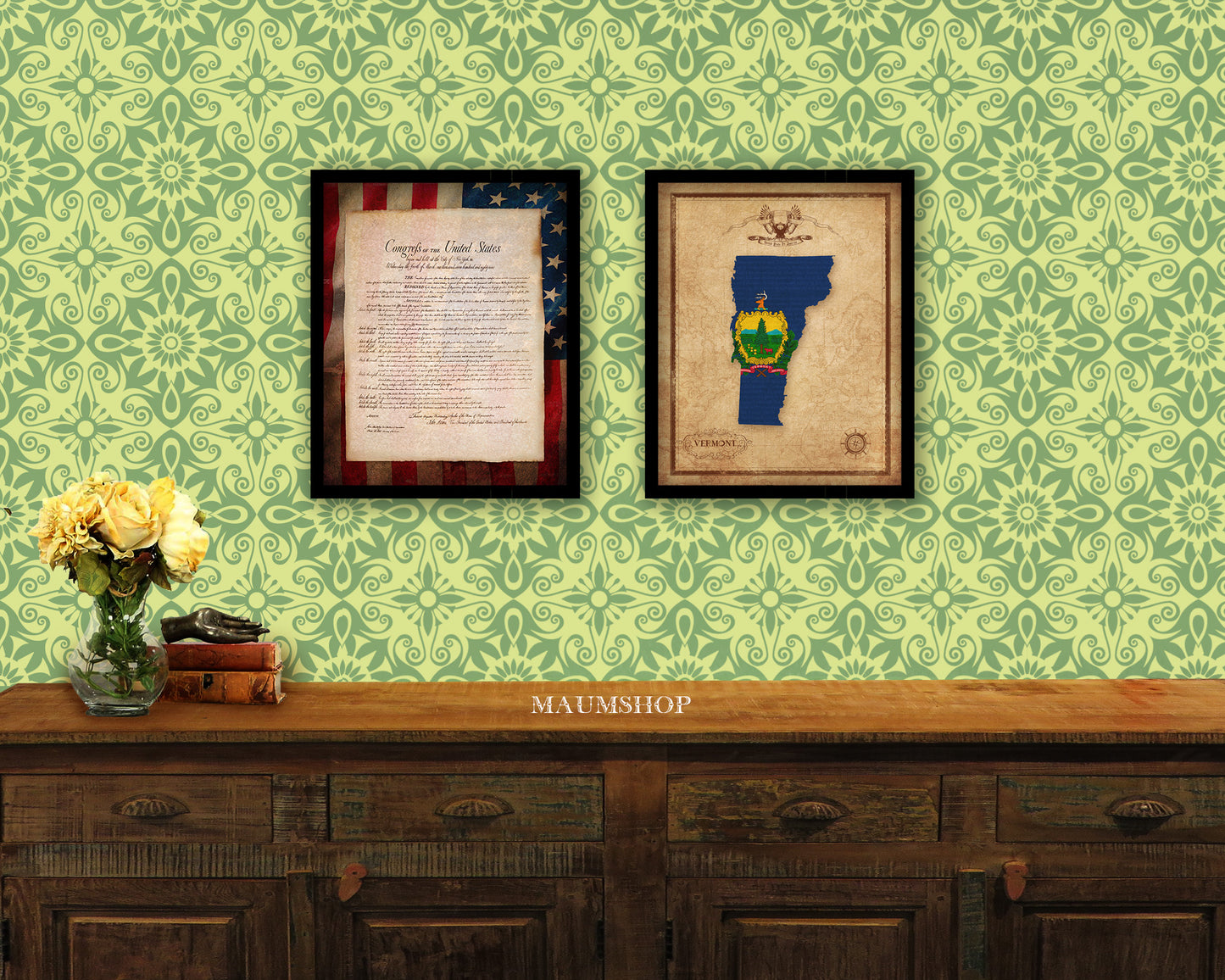 Vermont State Vintage Map Wood Framed Paper Print  Wall Art Decor Gifts