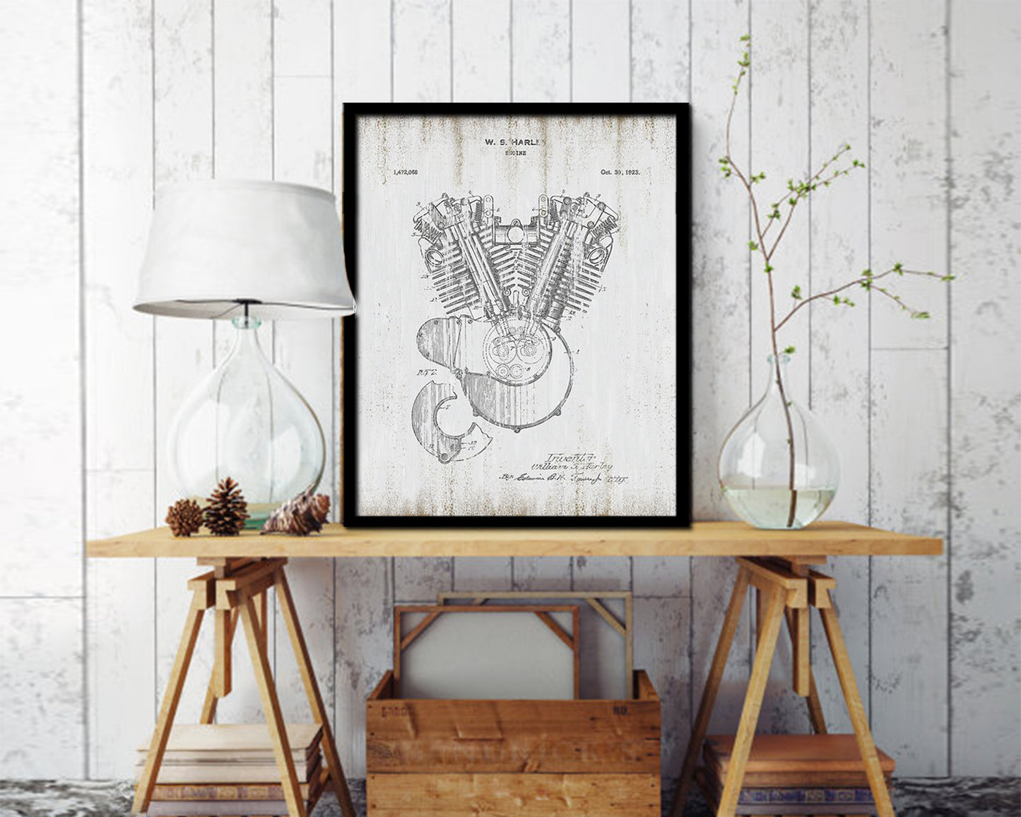 Engine Motocycle Vintage Patent Artwork Black Frame Print Wall Art Decor Gifts