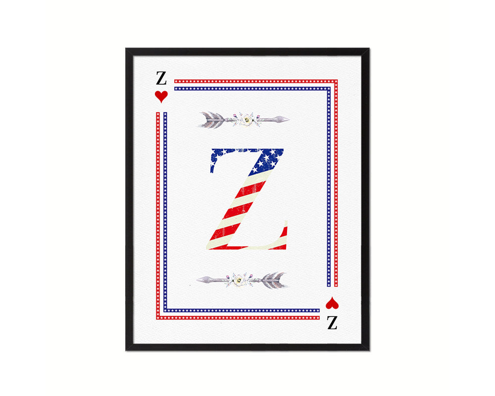 Letter Z Custom Monogram Card Decks Heart American Flag Framed Print Wall Art Decor Gifts