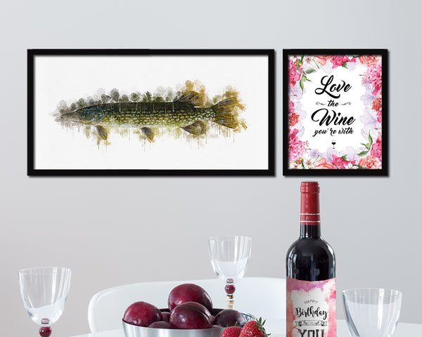 Pike Fish Art Wood Frame Modern Restaurant Sushi Wall Decor Gifts, 10" x 20"