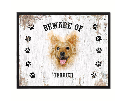 Beware of Russell Terrier Sign Wood Framed Print Wall Art Decor Gifts