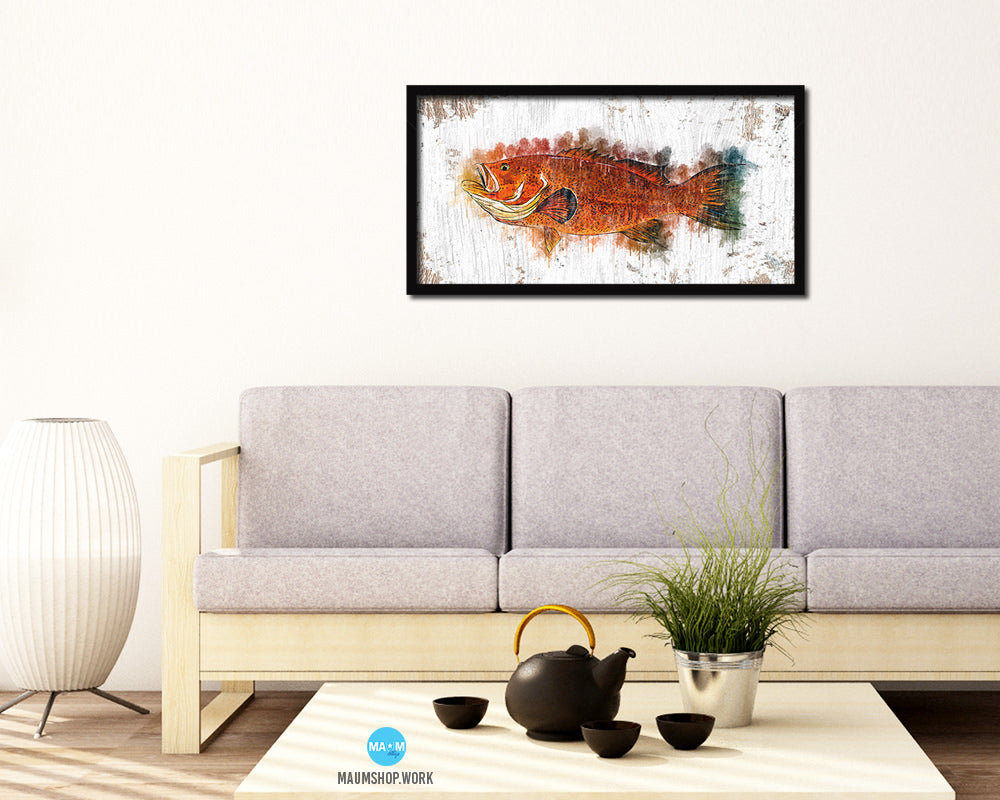 Red Grouper Fish Art Wood Frame Shabby Chic Restaurant Sushi Wall Decor Gifts, 10" x 20"