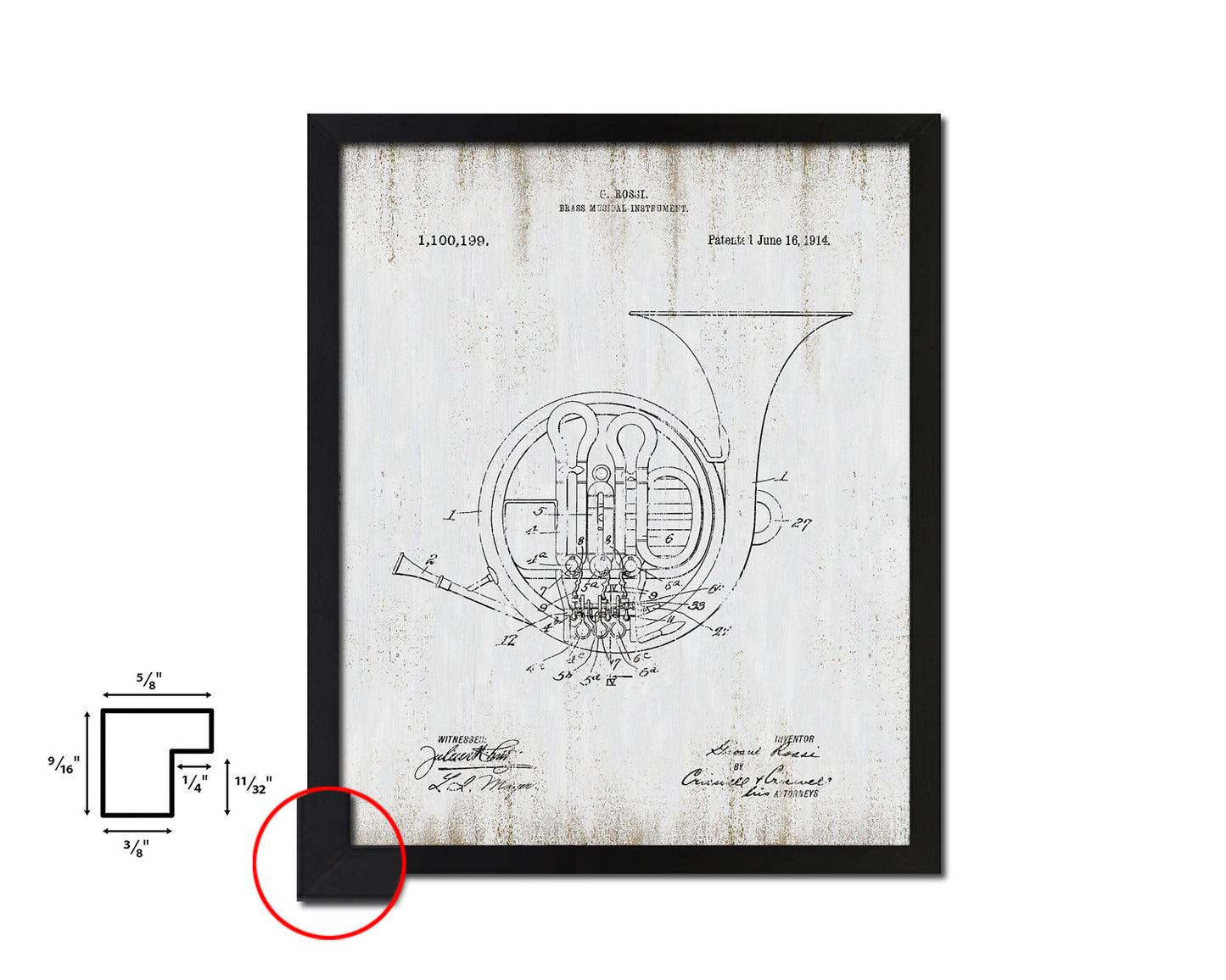 Horn Brass Musical Instrument Music Vintage Patent Artwork Black Frame Print Gifts