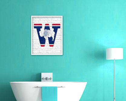 Wyoming State Initial Flag Wood Framed Paper Print Decor Wall Art Gifts, Brick