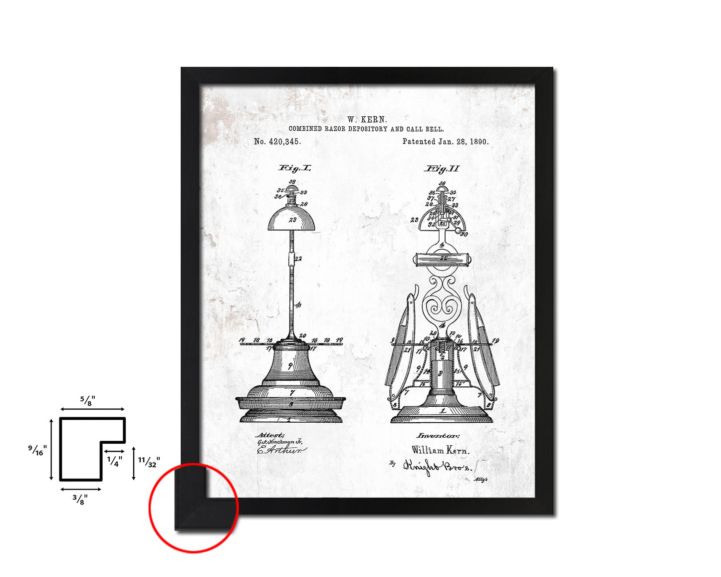 Razor Depository with Call Bell Barbershop Vintage Patent Artwork Black Frame Print Gifts