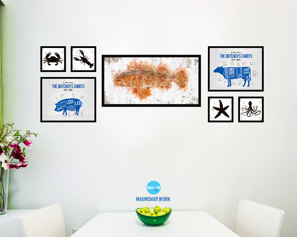 Scorpion Fish Art Wood Frame Shabby Chic Restaurant Sushi Wall Decor Gifts, 10" x 20"