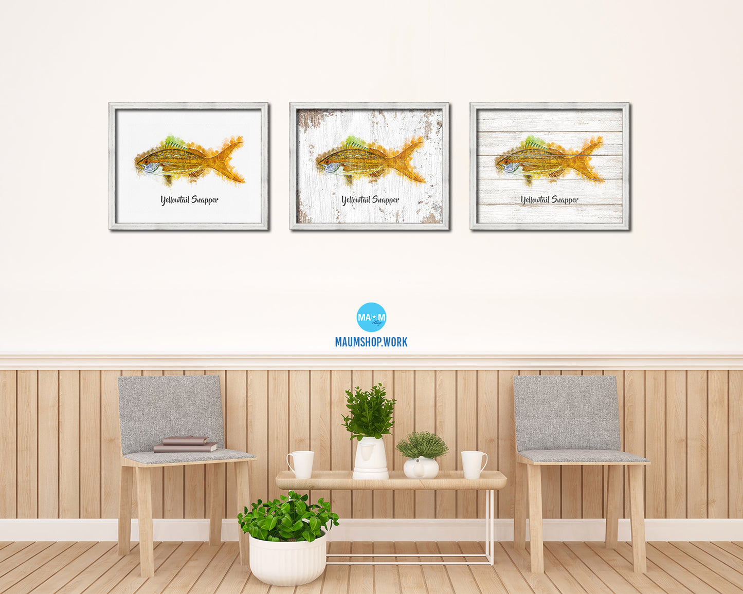 Yellowtail Snapper Fish Framed Prints Modern Restaurant Sushi Bar Watercolor Wall Art Decor