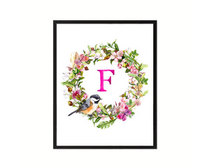 Letter F Floral Wreath Monogram Framed Print Wall Art Decor Gifts