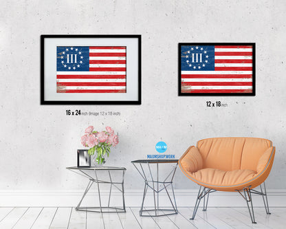 3 Percent Betsy Ross Nyberg Battle III, Revolutionary War Shabby Chic Military Flag Framed Print Art