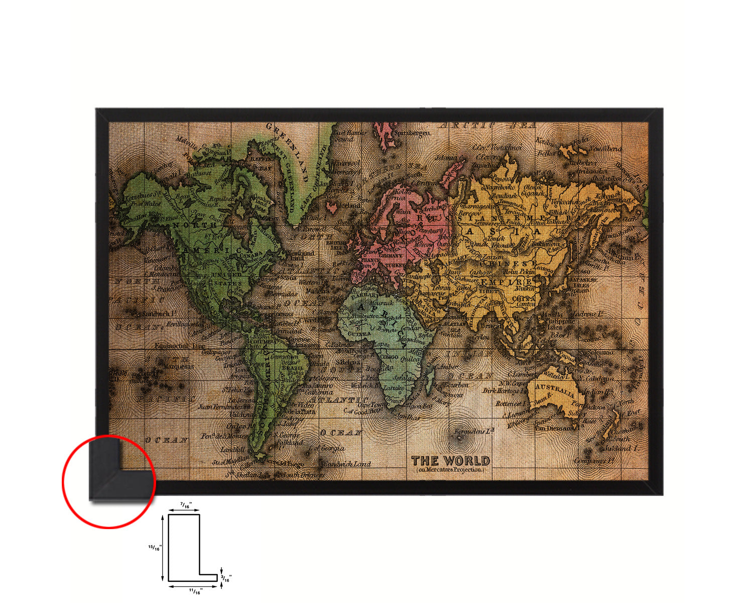 World Mercator Projection Circa 1860 Vintage Map Framed Print Art Wall Decor Gifts