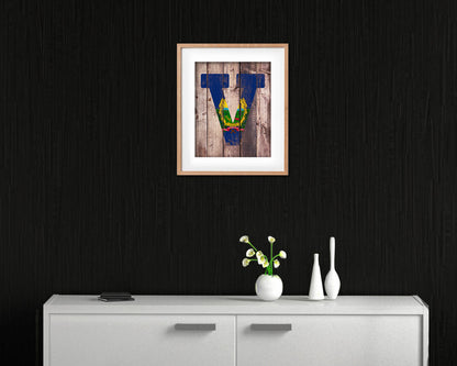 Vermont State Initial Flag Wood Framed Paper Print Decor Wall Art Gifts, Wood