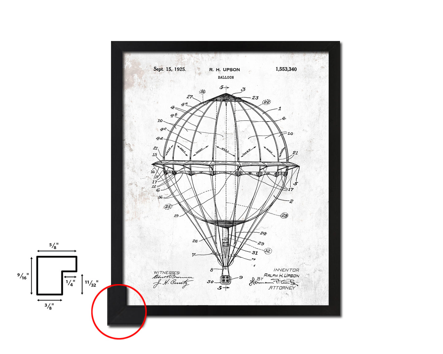 Balloon Airplane Vintage Patent Artwork Black Frame Print Wall Art Decor Gifts