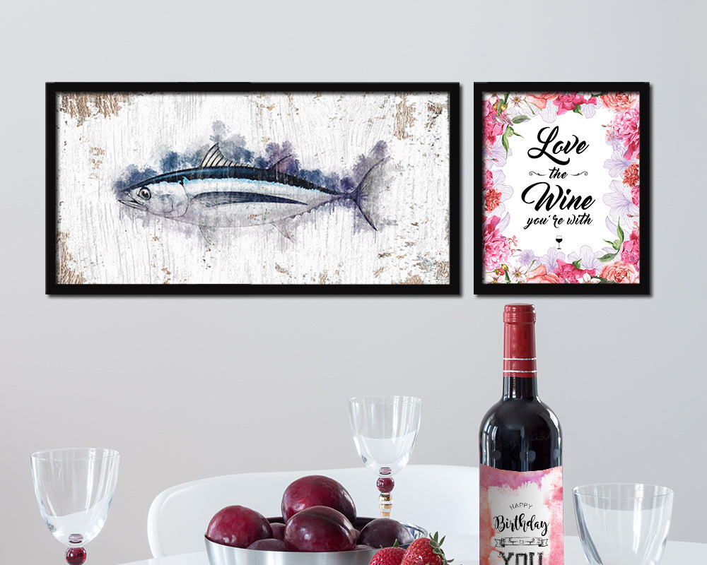 Albacore Tuna Fish Art Wood Frame Shabby Chic Restaurant Sushi Wall Decor Gifts, 10" x 20"